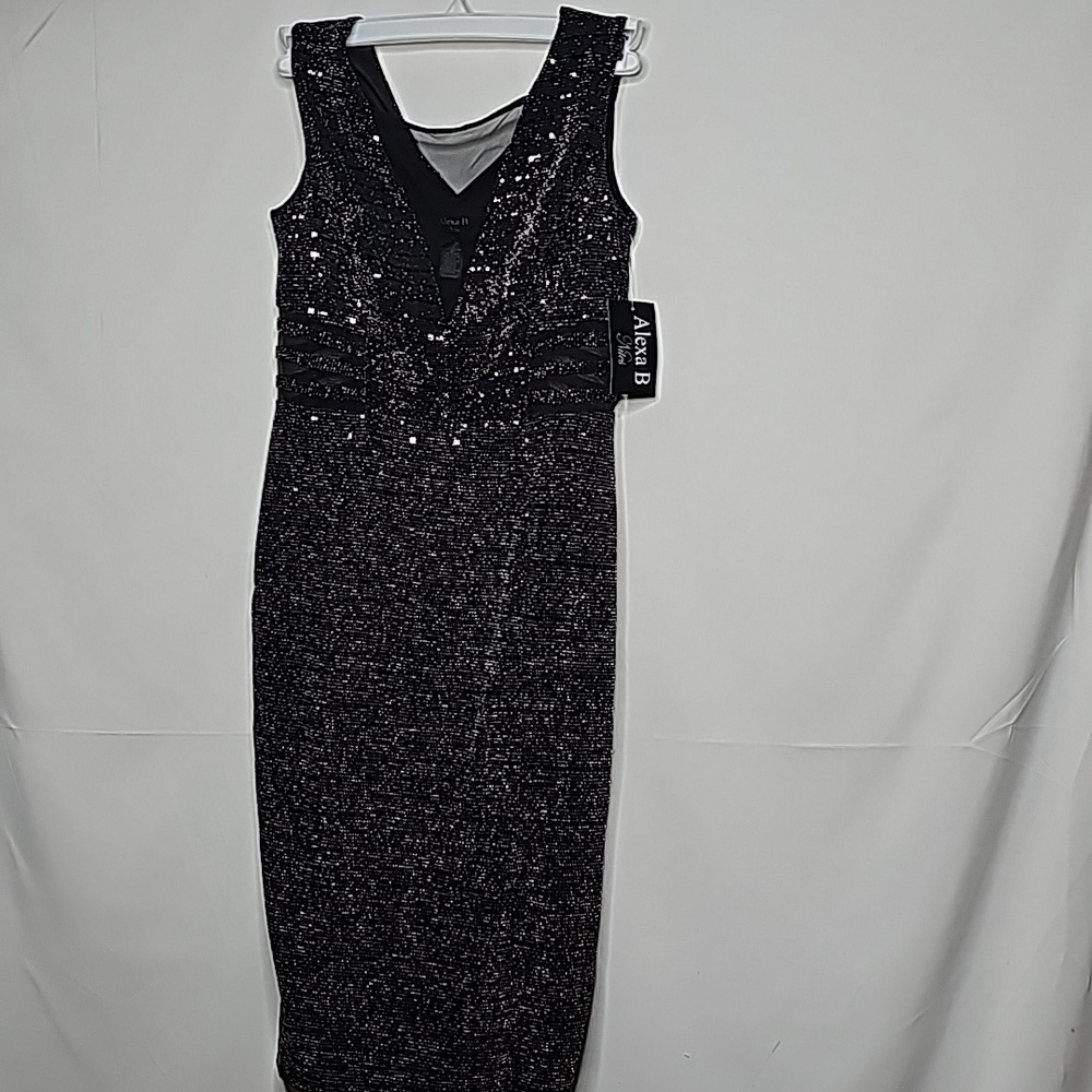 NWT Alexa B Nites black sheer paneling glitter shimmer black cocktail dress sz 6
